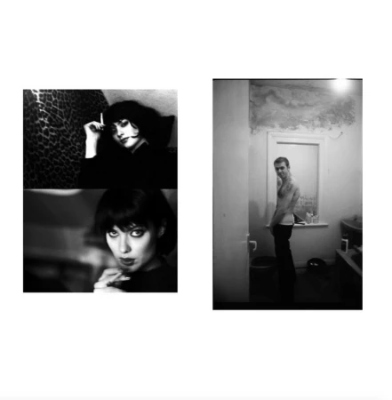 Black and white editorial diptych featuring a woman with dark hair smoking and a standing shirtless man in a sparse interior room by Drew Jarrett
