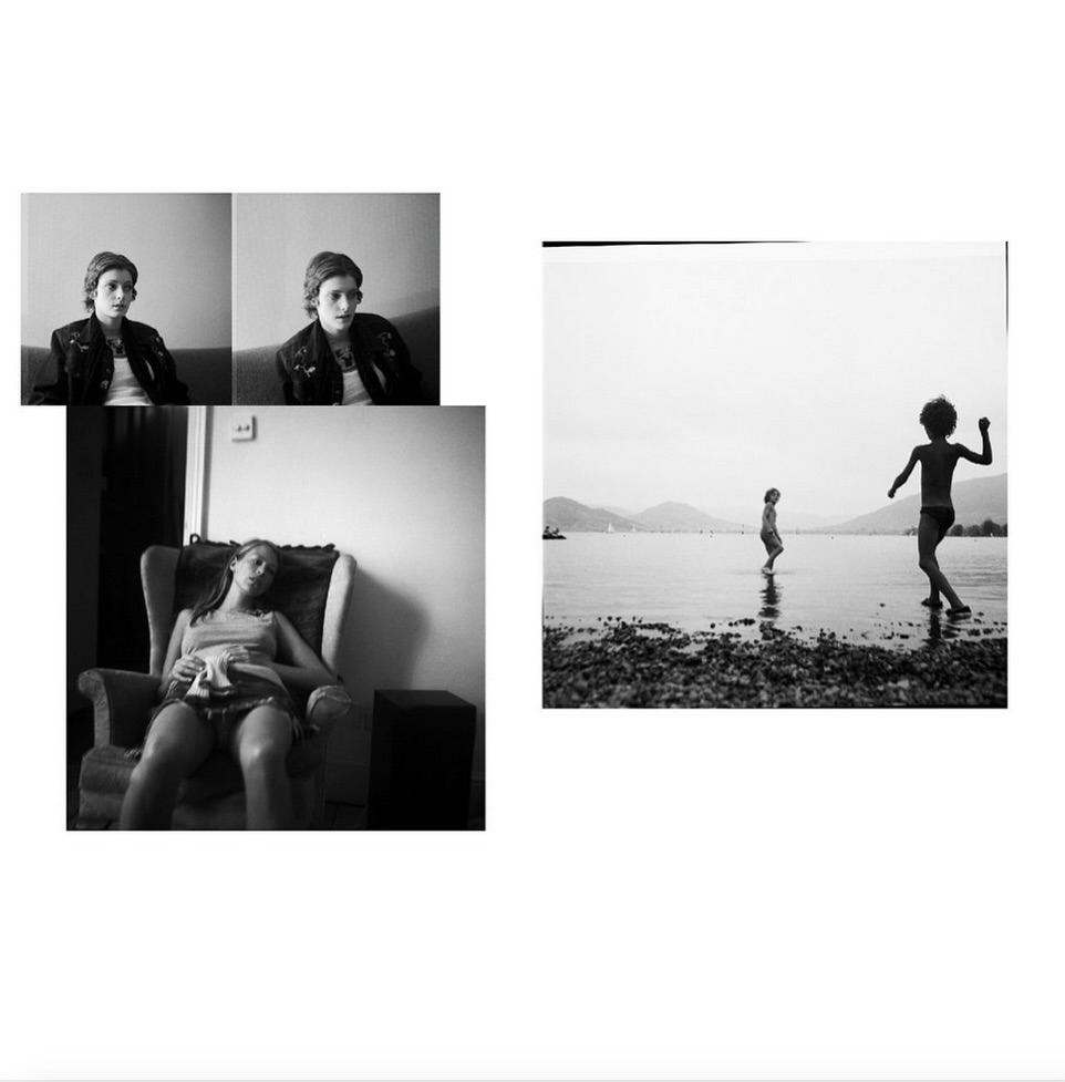 Black and white composite image showing two children playing in the water and a woman lounging indoors, creating a study of contrasts.