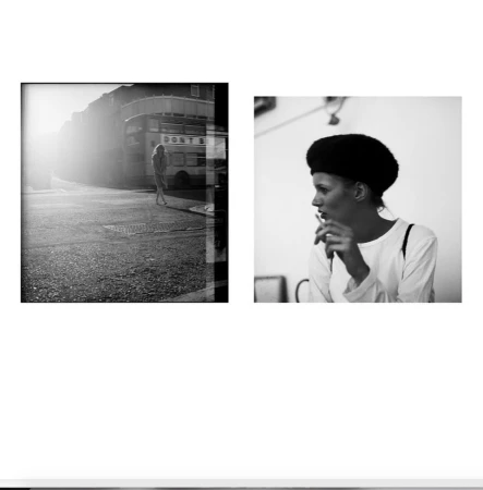 Black and white editorial diptych featuring a distant city street with a double decker bus and a portrait of a woman in a beret.