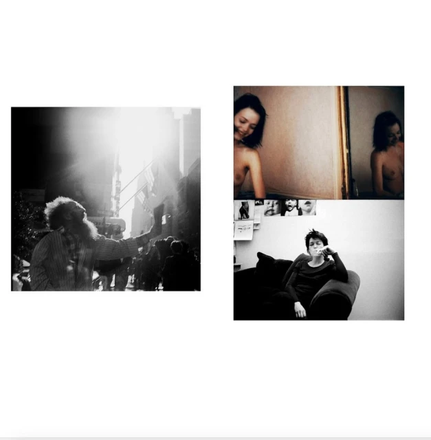 Black and white diptych featuring outdoor urban scene with crowd and backlit figure and an indoor scene with a seated woman.