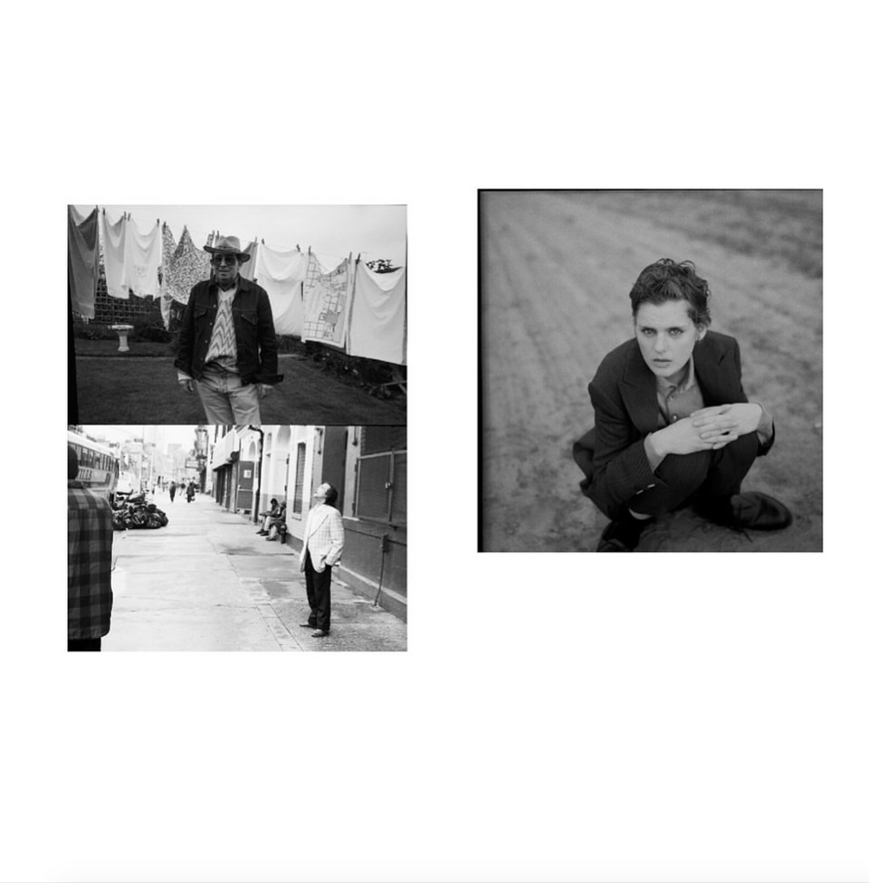 Black and white collage with portrait of woman squatting, man with hat and coat, and pedestrians on city street.