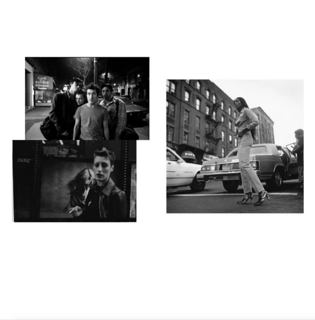 Monochrome collage featuring cityscapes, groups of people, and individual portraits in a dynamic composition, black and white.