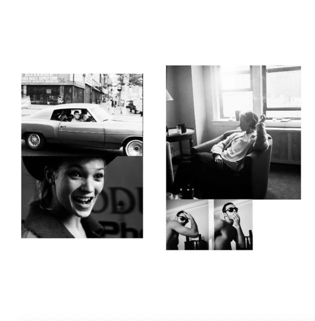 Black and white photo collage featuring a vintage car, a smiling woman, and a man relaxing by a window, evoking a sense of nostalgia.