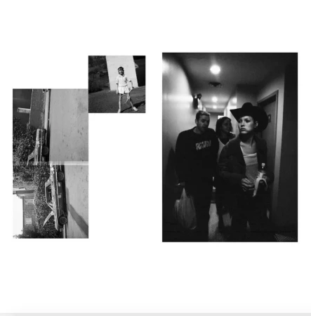 Black and white composite: people in a hotel hallway, a girl with a tennis racket, and a car parked on a residential street.