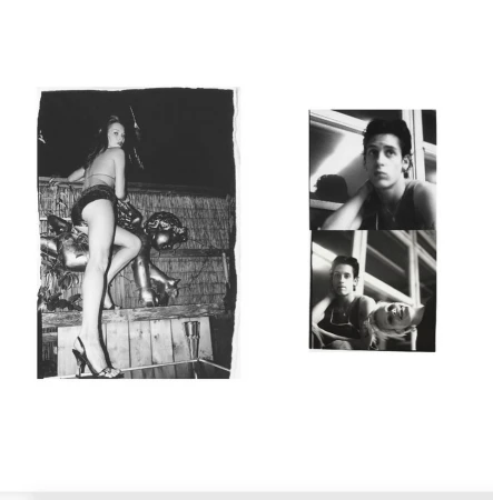 Black and white editorial collage featuring a woman posing outdoors and portraits of young men.