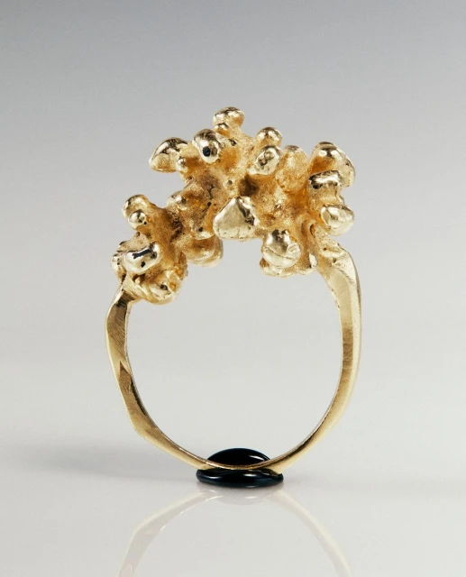 Close-up of an ornate gold ring with a textured, branch-like design, set against a soft, neutral background highlighting its intricate details.