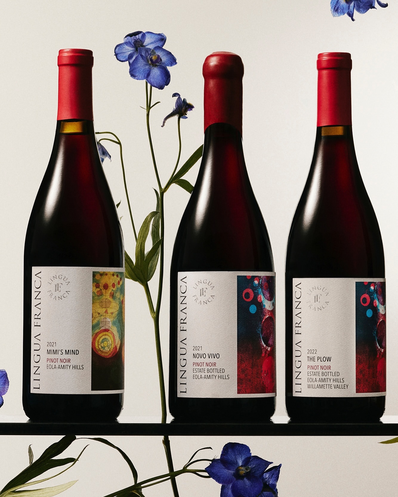 Three bottles of Lingua Franca Pinot Noir wine with red capsules, arranged alongside delicate blue Larkspur flowers in a studio setting.