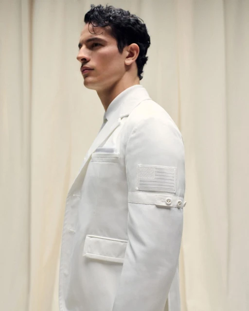 Adult male in profile wears a white jacket with a US flag patch in an indoor setting. Fashion-forward and patriotic.