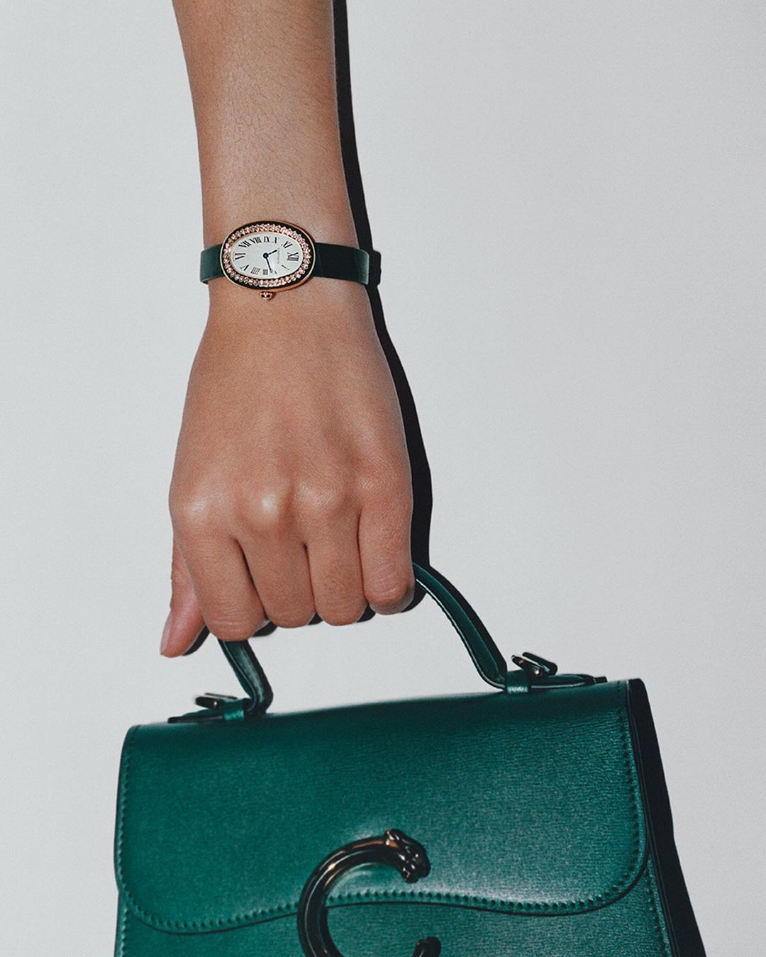 Close-up of a woman's hand holding a green leather handbag, a gold and green watch is worn on the wrist, studio lighting.