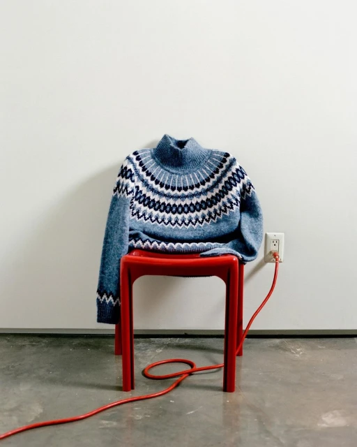 Blue patterned sweater on a red plastic chair indoors with a red electrical cord plugged into the wall, in a studio setting.