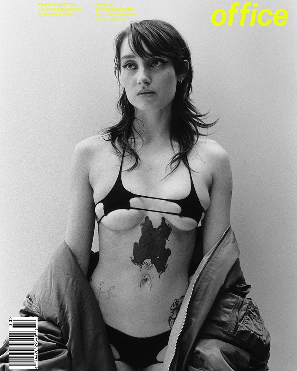 Black and white cover shot of woman in lingerie and jacket for Office Magazine. Bright yellow title text visible at top of frame.