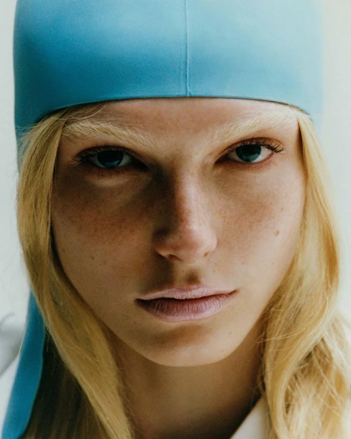 Close-up portrait of a woman with blonde hair wearing a light blue headscarf against a neutral background in a beauty context.