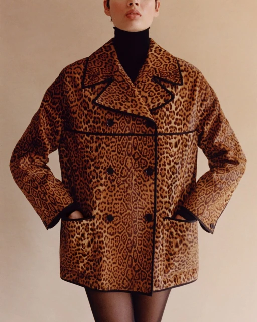 Woman wearing an animal print coat and black turtleneck top in a studio setting, creating a stylish fashion portrait.