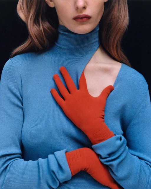 Woman in blue turtleneck sweater and orange gloves against a dark background in studio shot. Fashion portrait, beauty shot.