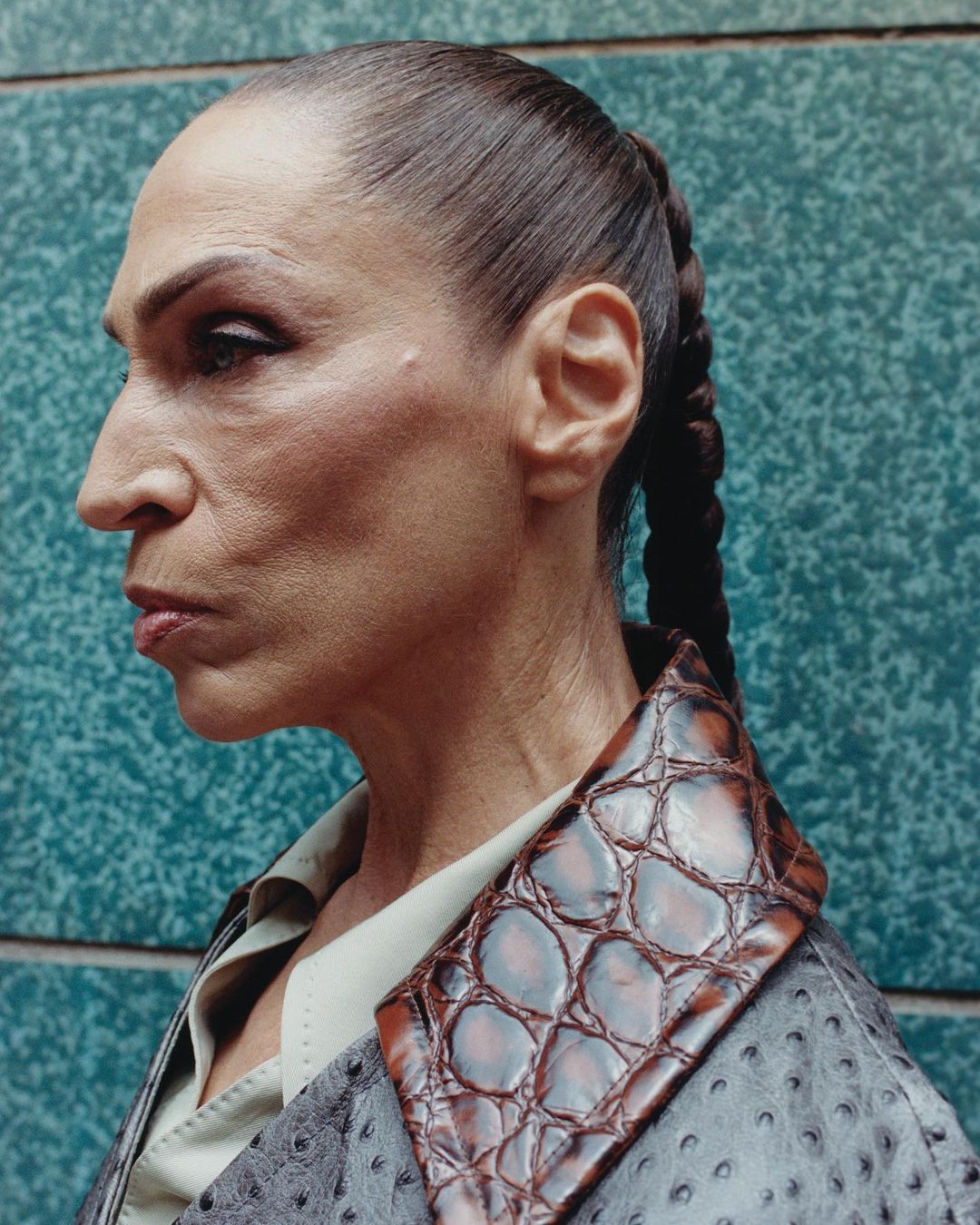 Profile portrait of an adult woman with braided hair, wearing an animal-print jacket against a textured greenish-blue background indoors.