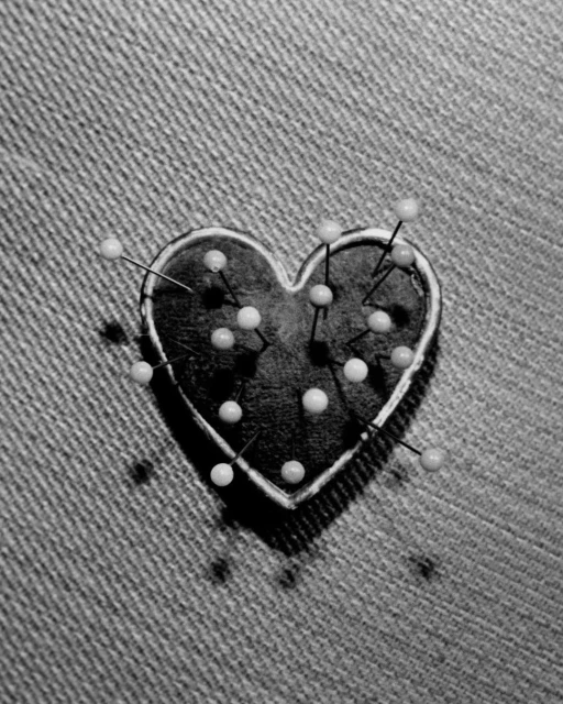 Close-up of a heart-shaped pin cushion with sewing pins inserted into it, set against a denim fabric background in monochrome.