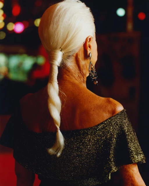 Elegant back view of an older woman with styled silver-blonde hair, wearing a glittering gold off-the-shoulder gown and ornate earrings.
