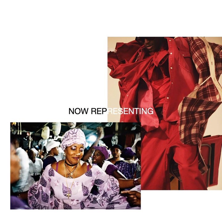 Indoor scene features a woman in a patterned dress and headwrap, surrounded by a crowd and a mannequin wearing red clothes.