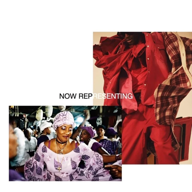 Indoor scene features a woman in a patterned dress and headwrap, surrounded by a crowd and a mannequin wearing red clothes.