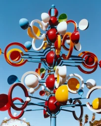 Colorful kinetic metal sculpture with spheres and circular rings against a bright clear blue sky.
