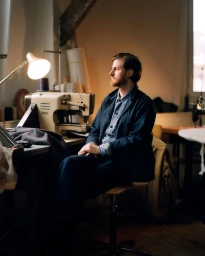Bearded man in a blue denim jacket seated in a workshop beside a vintage sewing machine lit by a desk lamp.