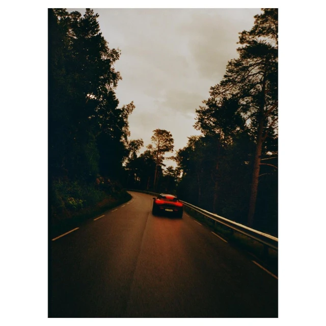 Red car drives on a winding asphalt road surrounded by green trees under an overcast sky, creating a serene automotive moment.