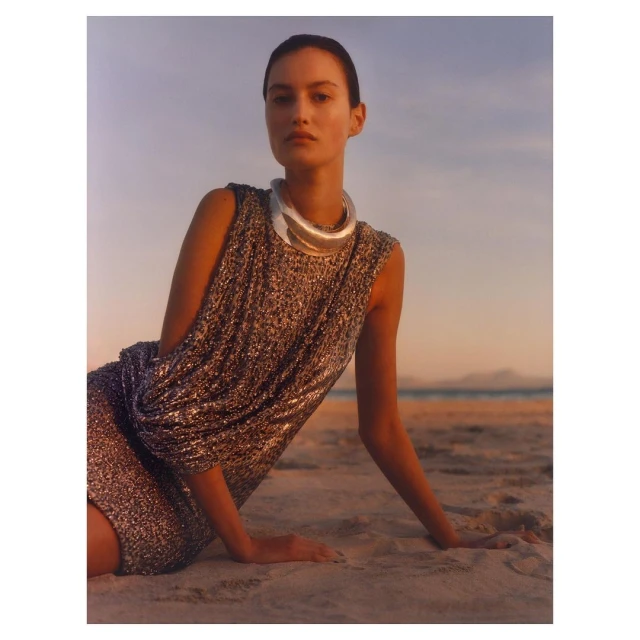 A woman poses in a sparkly dress and statement jewelry on a sandy beach at sunset with a distant ocean view, creating a fashionable, serene scene.