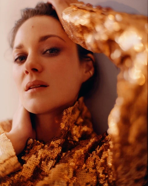 Close-up studio portrait of Marion Cotillard wearing a gold sequined jacket, fair skin, light makeup, eye contact, arms raised.