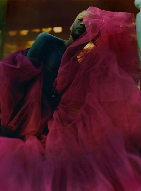 Person draped in pink tulle, indoor setting, soft lighting, fashion-forward image, artistic and creative composition. 
