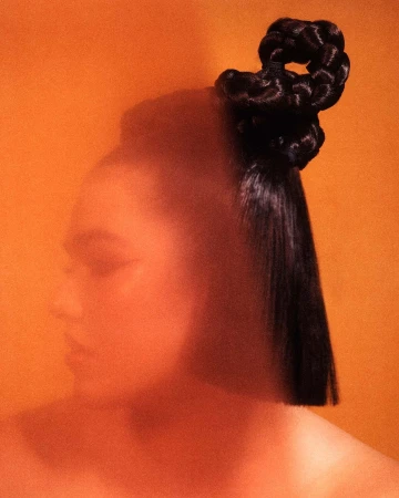 Profile portrait of a woman with sculpted black braided updo against warm orange background by Rory Payne