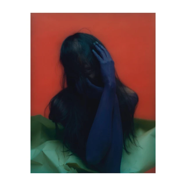 Woman with dark hair poses with hands on head in front of red backdrop, conveying beauty, mystery, and artistic expression.