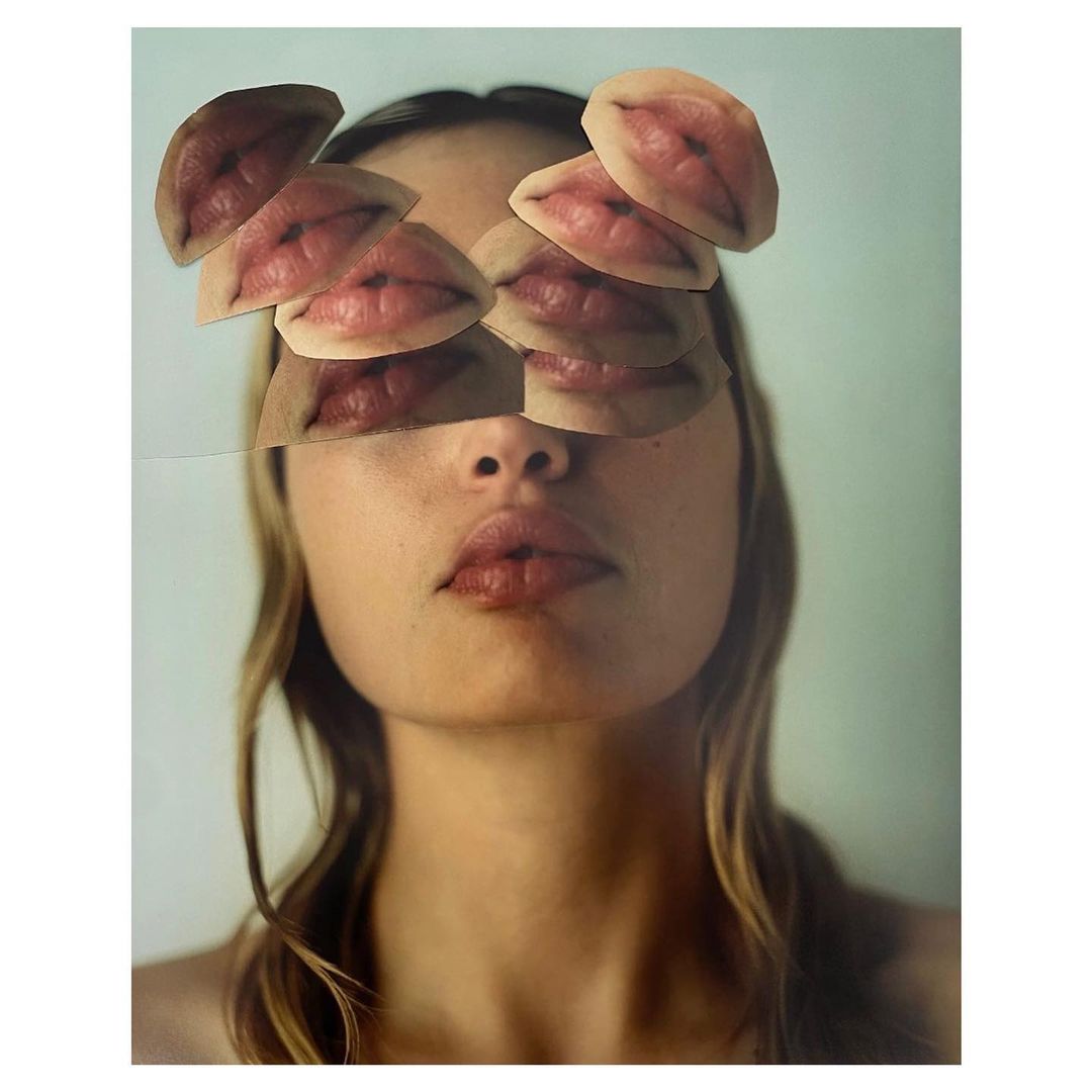 Portrait of a woman with multiple cutout lip collages layered over her eyes and upper face by Rory Payne