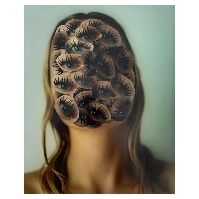 Surreal portrait of a woman with long blonde hair and a collage of many eyes covering her face, creating a unique and artistic image.
