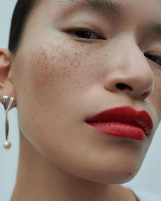 Close-up shot of a fair-skinned adult female model with red lipstick and a pearl earring, posing in a brightly lit photo studio.