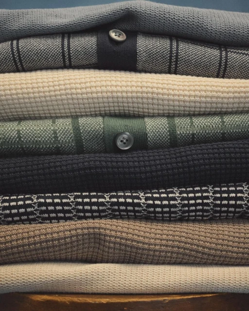 Pile of folded knitwear sweaters in neutral colors, showcasing various textures and patterns, with a plain dark background.