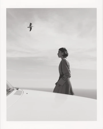 A woman in a coat stands near a vintage car overlooking the ocean, with a seagull flying overhead in a monochrome aesthetic.