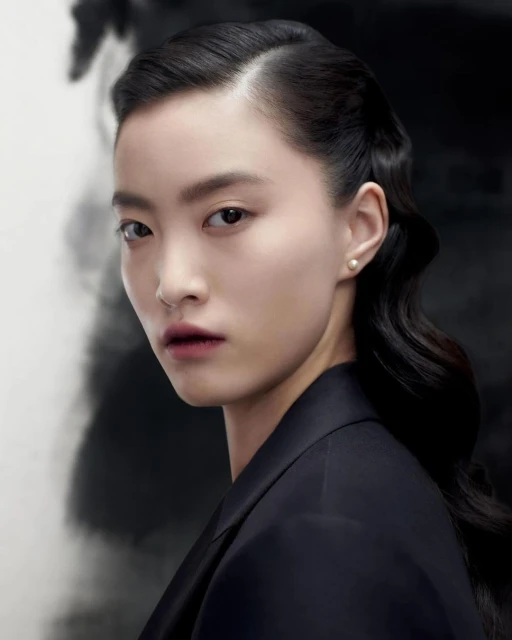 Close-up portrait of a young Asian woman with dark hair, wearing a black blazer against a soft, blurred black and white backdrop.