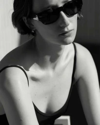 Close-up monochrome portrait of a woman wearing dark sunglasses and a black top against a bright background.