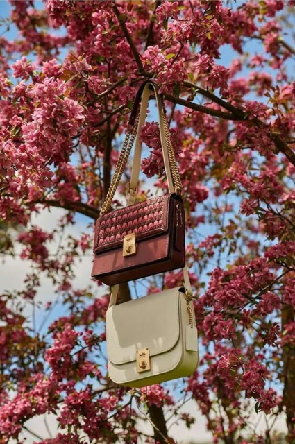 Two stylish purses with chain straps hang from flowering tree branches with pink blossoms against a bright, sunny sky backdrop.