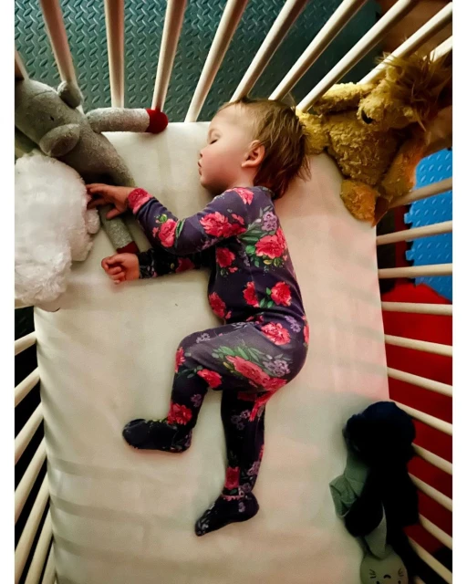 A child naps peacefully in a crib, wearing pajamas patterned with roses, surrounded by stuffed animals and soft blankets.