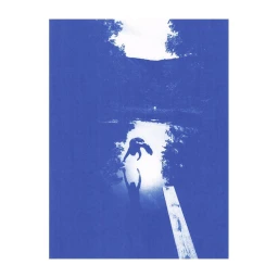 Monochrome blue photographic print of a person diving into water from a wooden springboard