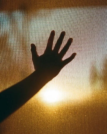 Silhouette of hand against textured glass, backlit by golden sunlight, creating a warm, glowing effect.