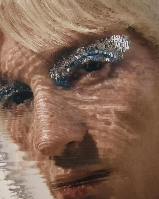 Close-up of woman's face with blond hair and makeup; silver glitter applied around the eyes, with a rippled glass or water effect overlay.