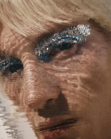 Close-up of woman's face with blond hair and makeup; silver glitter applied around the eyes, with a rippled glass or water effect overlay.