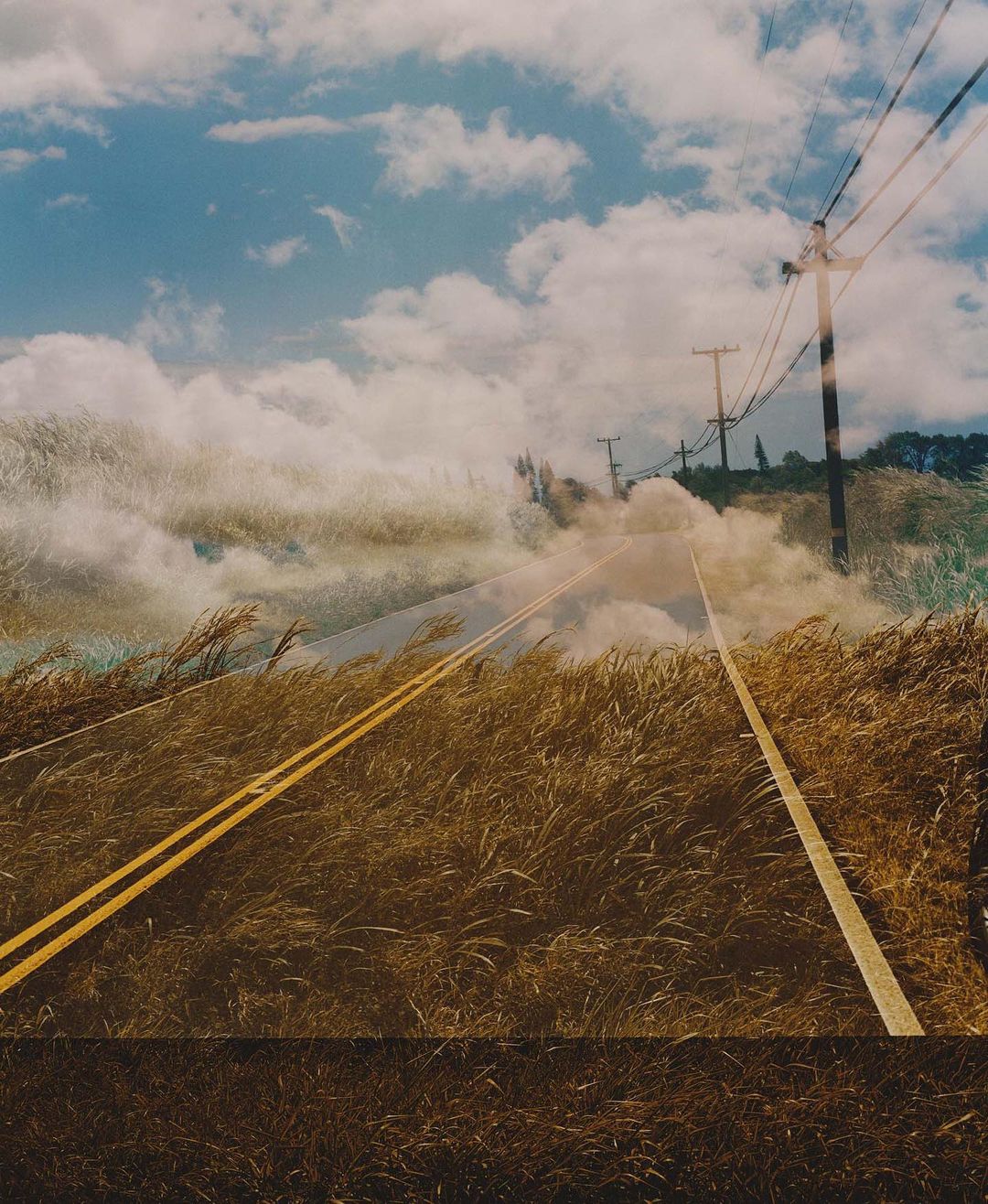 Rural road stretches into the distance, lined with golden fields under a partly cloudy sky. Power lines run parallel to the road.