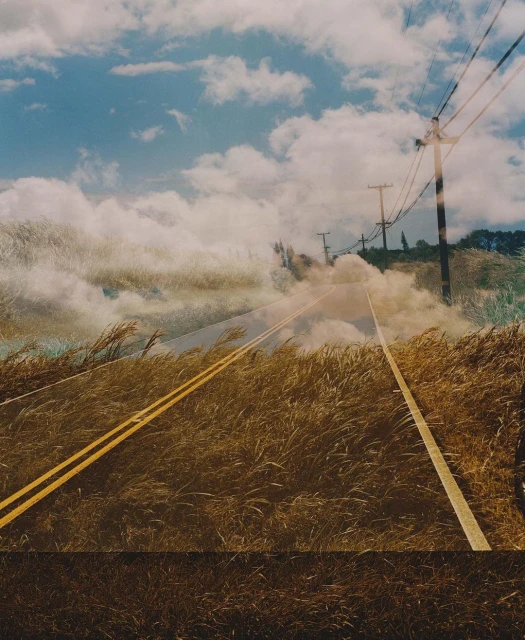 Rural road stretches into the distance, lined with golden fields under a partly cloudy sky. Power lines run parallel to the road.