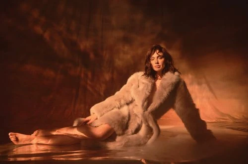 A woman in a fur coat reclines in a studio, bathed in warm light, creating a glamorous and intimate portrait. Soft, diffused lighting emphasizes texture.