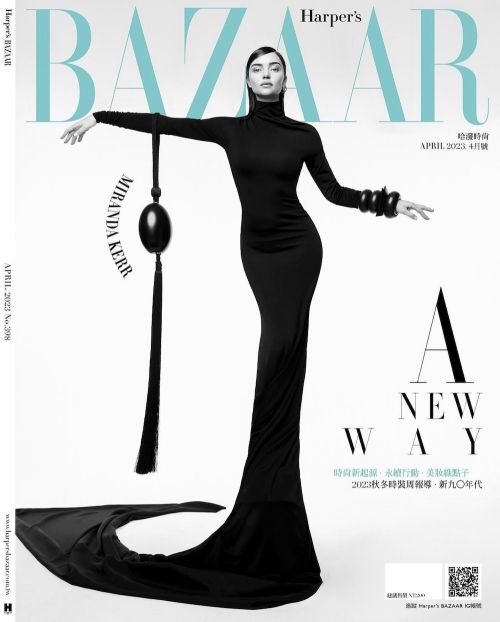 Harper's Bazaar cover featuring Miranda Kerr in a sleek black gown, accessorized with large cuff bracelets, against a clean white backdrop.