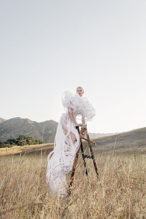 Woman wearing an elaborate white dress, posing on a ladder in a field. Mountains are visible in the background under a bright sky.