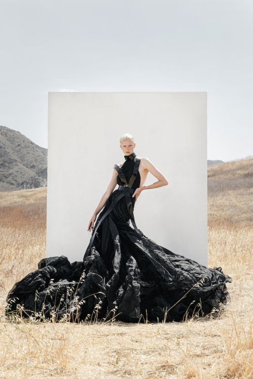 Fashion editorial photo of a woman in a black gown posing against a white panel in a grassy field with distant mountains under a bright sky.